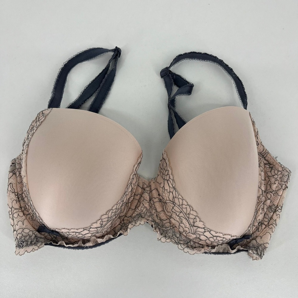 Victorias Secret Dream Angels Lined Demi Bra 34DD Nude Black Lace Underwire